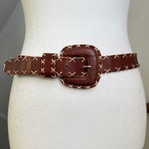 Vintage 90s Boho Chic Brown‎ Leather Statement Belt Chunky Big Buckle Preppy